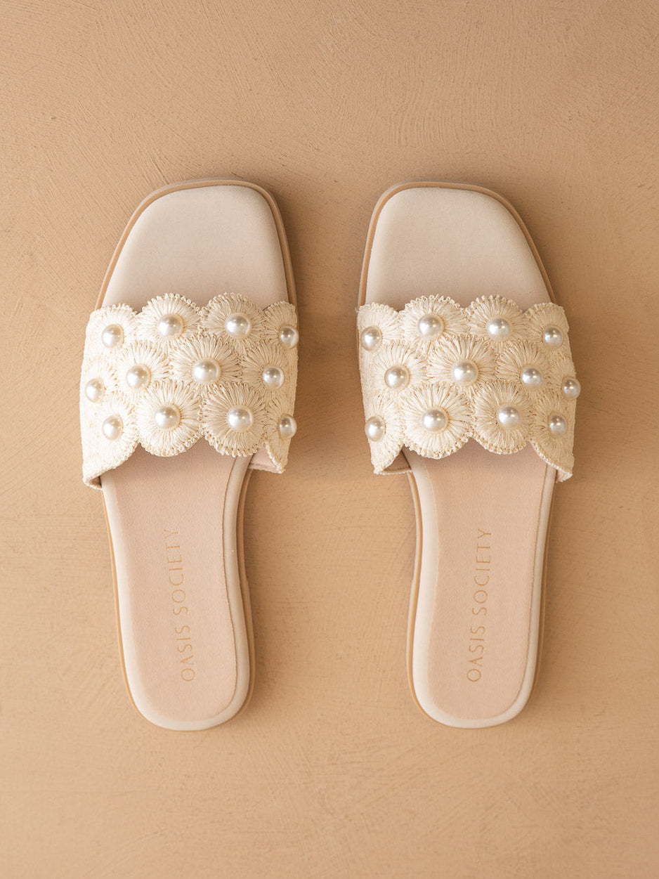 The Cathleen | Ivory White Pearl Raffia Wedding Slide Sandal