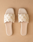The Cathleen | Ivory White Pearl Raffia Wedding Slide Sandal