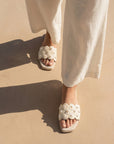 The Cathleen | Ivory White Pearl Raffia Wedding Slide Sandal