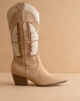 The Fairy | Almond Mid Calf Western Boot in Suede with Butterfly Inlay