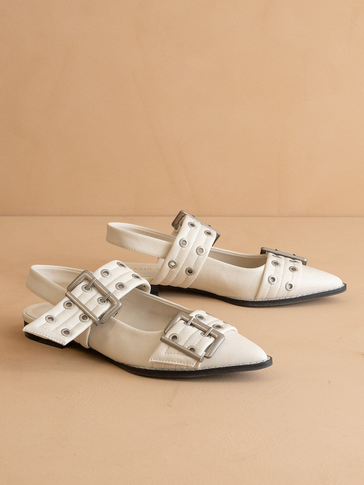 White leather double buckle. The Harlow | White Double Buckle Pointed Ballet Flat *FINAL  main image 4