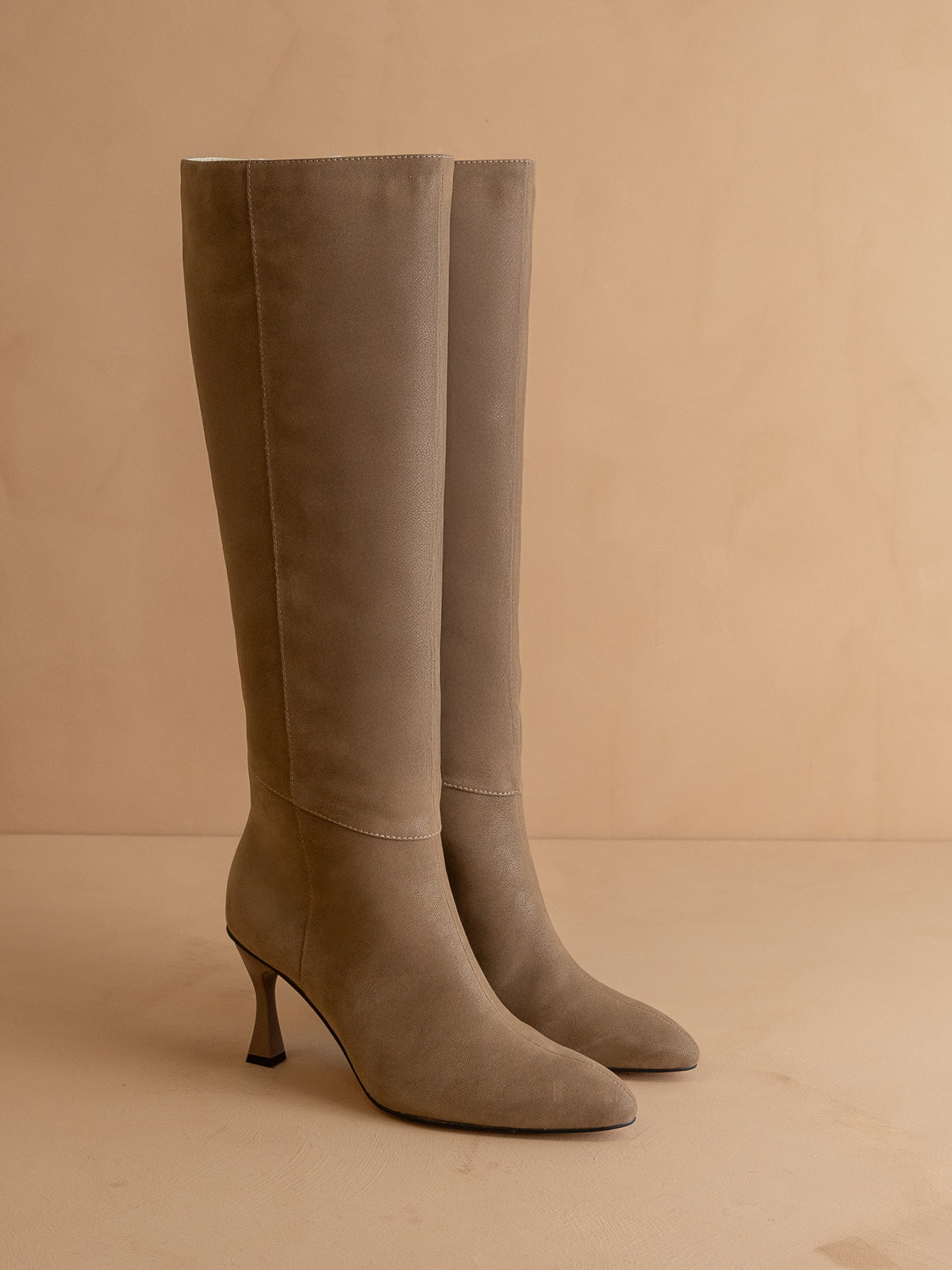 Taupe Faux Suede Low Stiletto Heel Slouchy Boots | Lime Lush  Taupe Over The Knee Pointy Toe Stiletto Heel Boots main image 2