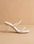 The Mae | Beige Wedding Pearl Detail Clear Block Heel