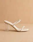 The Mae | Beige Wedding Pearl Detail Clear Block Heel