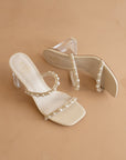 The Mae | Beige Wedding Pearl Detail Clear Block Heel