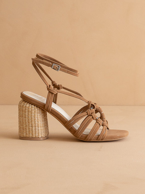 The Monza | Camel Strappy Raffia Basket Weave Block Heel *FINAL