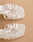 The Monza | White Strappy Raffia Basket Weave Block Heel