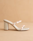 The Nia | White Rosette Adorned Block Heel