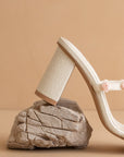 The Nia | White Rosette Adorned Block Heel