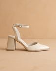 The Princess | White Pointed Toe Bridal Block Heel with Ankle Strap
