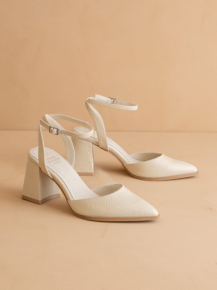 The Princess White Pointed Toe Bridal Block Heel with Ankle