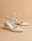 The Princess | White Pointed Toe Bridal Block Heel with Ankle Strap