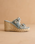 The Rae | Slate Blue Embroidered Espadrille Wedges With Double Buckle Straps *FINAL SALE*