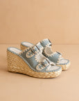 The Rae | Slate Blue Embroidered Espadrille Wedges With Double Buckle Straps *FINAL SALE*