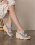 The Rae | Slate Blue Embroidered Espadrille Wedges With Double Buckle Straps *FINAL SALE*