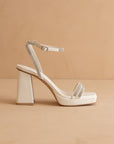 The Suva | White Rhinestone and reptile print strappy block heel