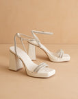 The Suva | White Rhinestone and reptile print strappy block heel