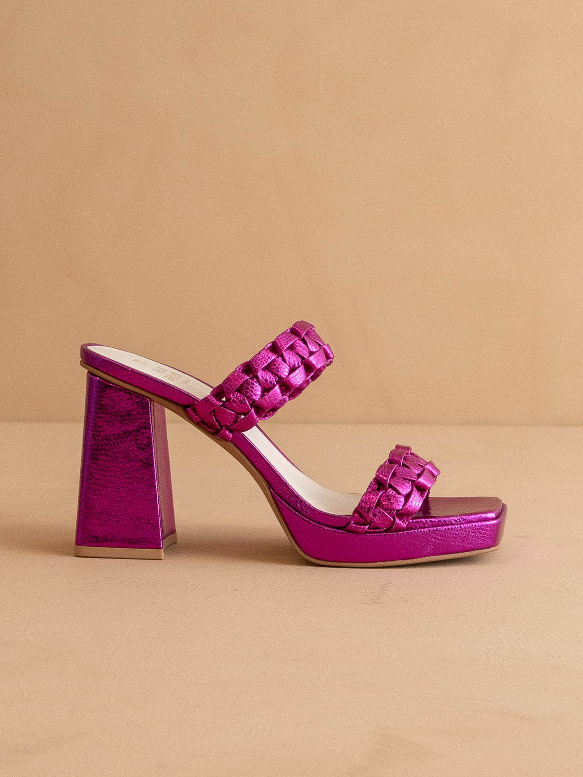 The Zenda Metallic Pink Braided chunky platform party heel