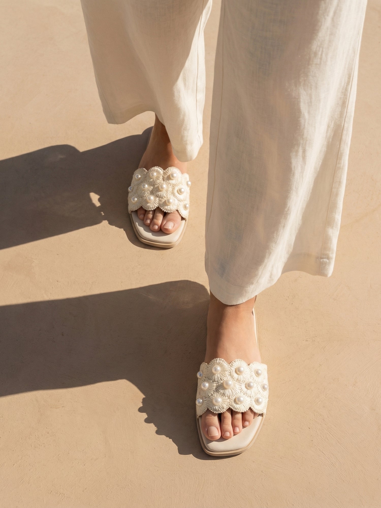 The Cathleen | Ivory White Pearl Raffia Wedding Slide Sandal