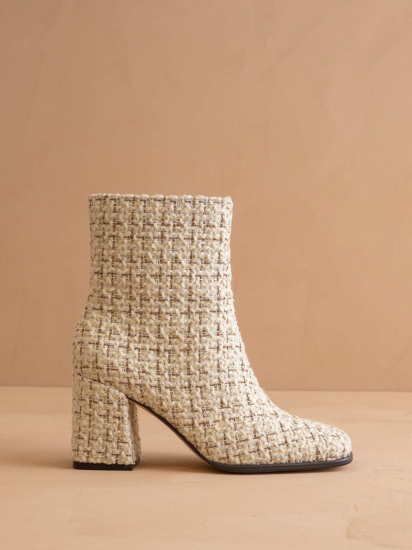 The Demi | Beige Tweed Woven Block Heel Ankle Boot