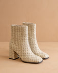 The Demi | Beige Tweed Woven Block Heel Ankle Boot