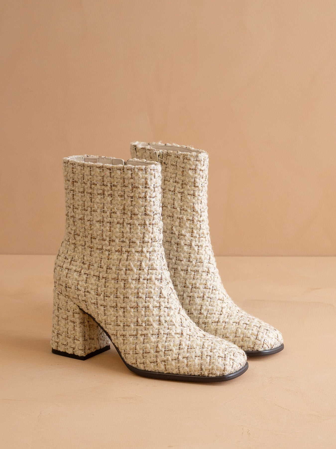 The Demi | Beige Tweed Woven Block Heel Ankle Boot