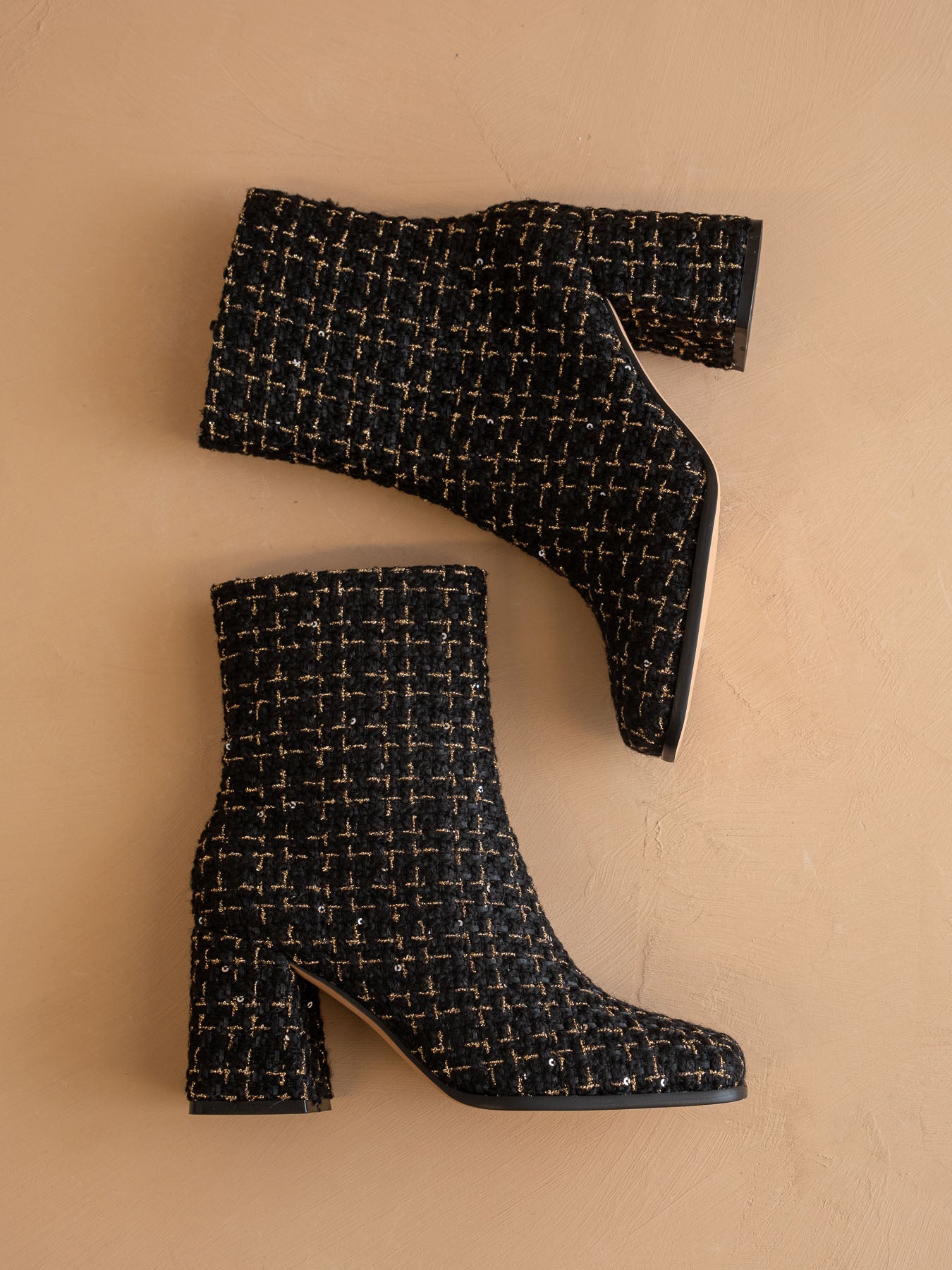 The Demi | Black Tweed Woven Block Heel Ankle Boot