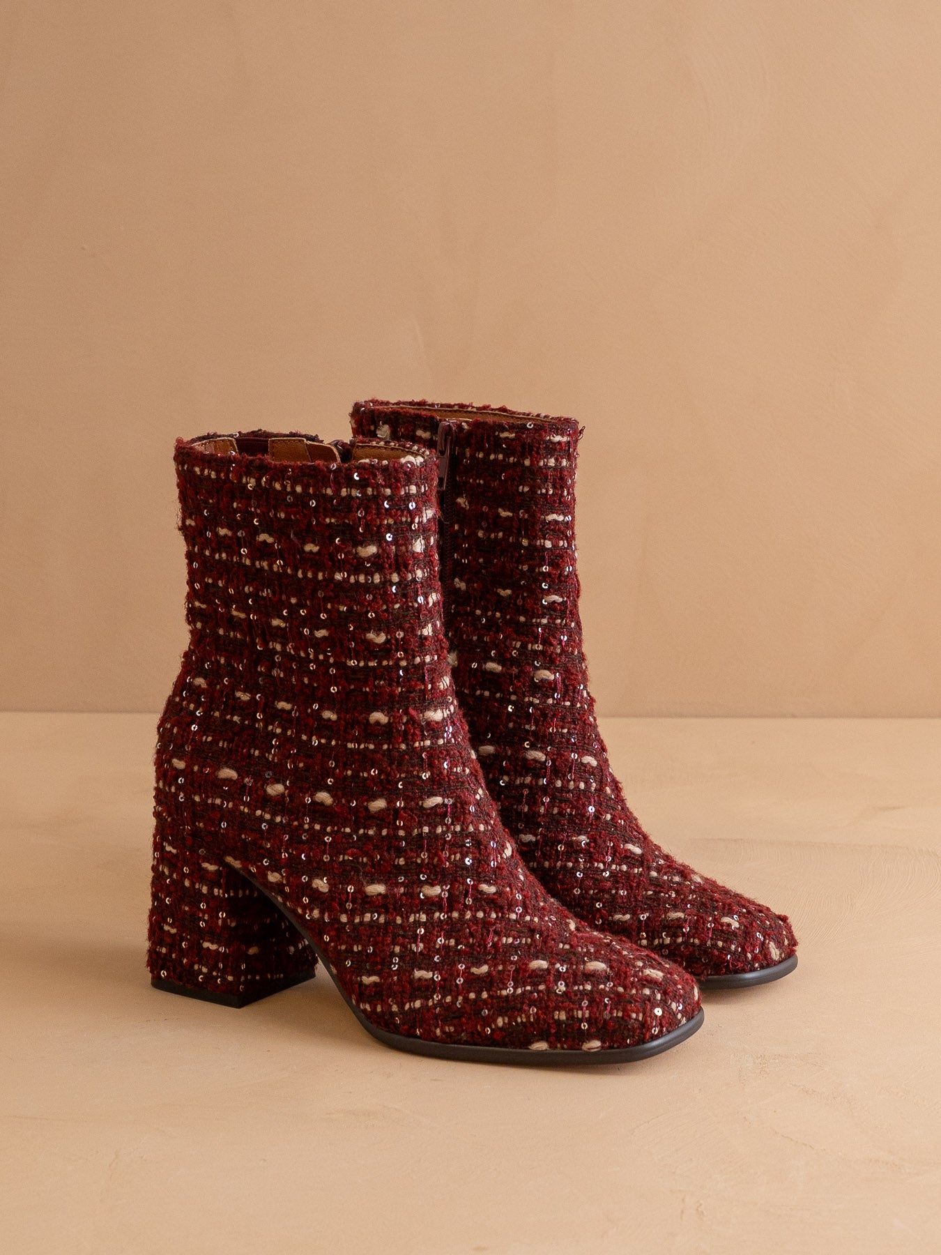 The Demi | Ruby Tweed Woven Block Heel Ankle Boot