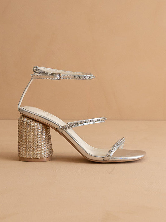 The Destiny | Metallic Silver Raffia Heeled Rhinestone Summer Heel