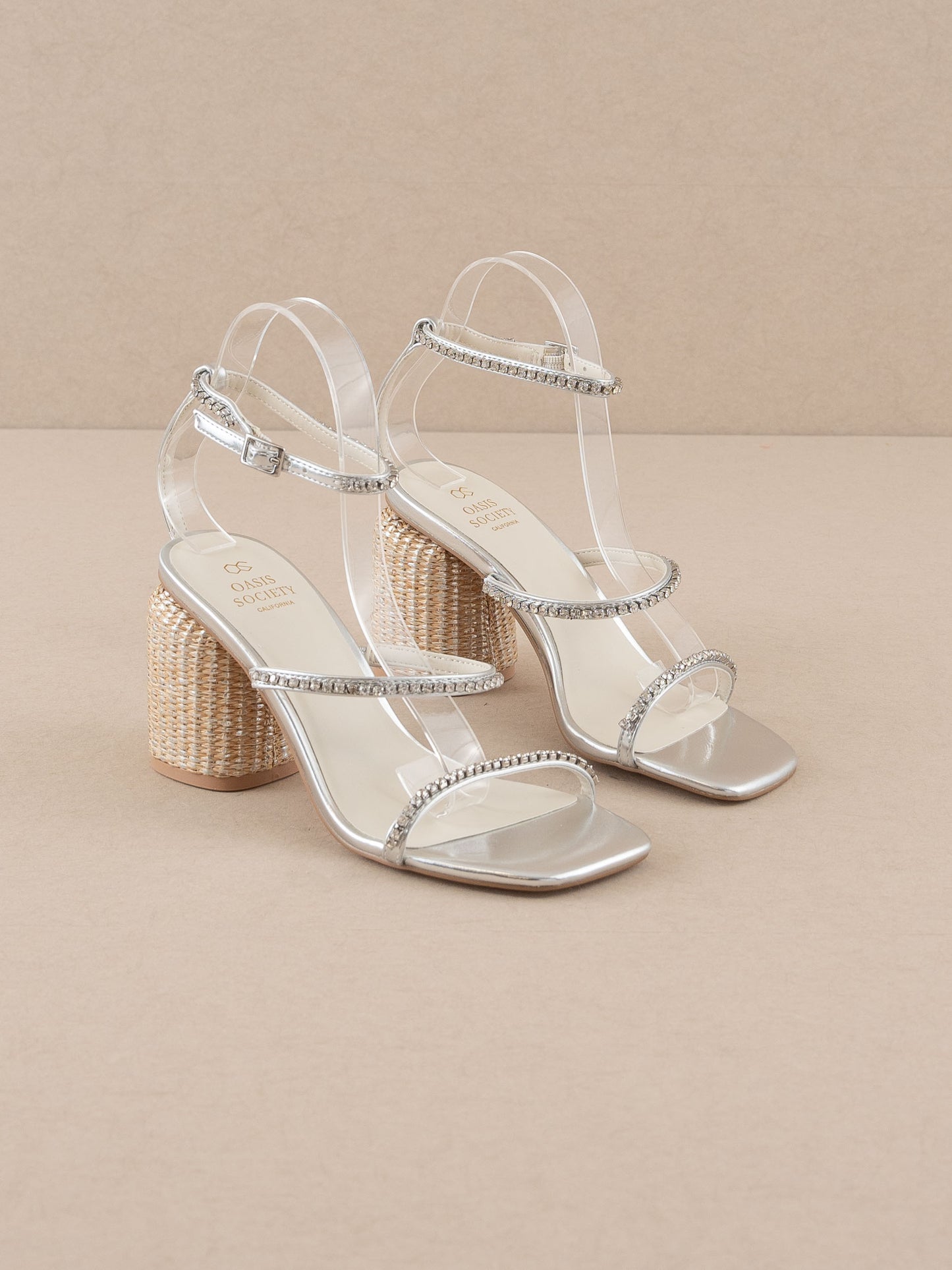 The Destiny | Metallic Silver Raffia Heeled Rhinestone Summer Heel