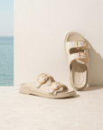 The Daytona | Ivory a Two-Tone Raffia Gold Buckle Sandal