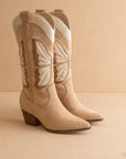 The Fairy | Almond Mid Calf Western Boot in Suede with Butterfly Inlay