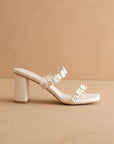The Feliza | White Floral Raffia Block Heel Bridal Sandal