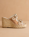 The Rae | Camel Embroidered Espadrille Wedges With Double Buckle Straps