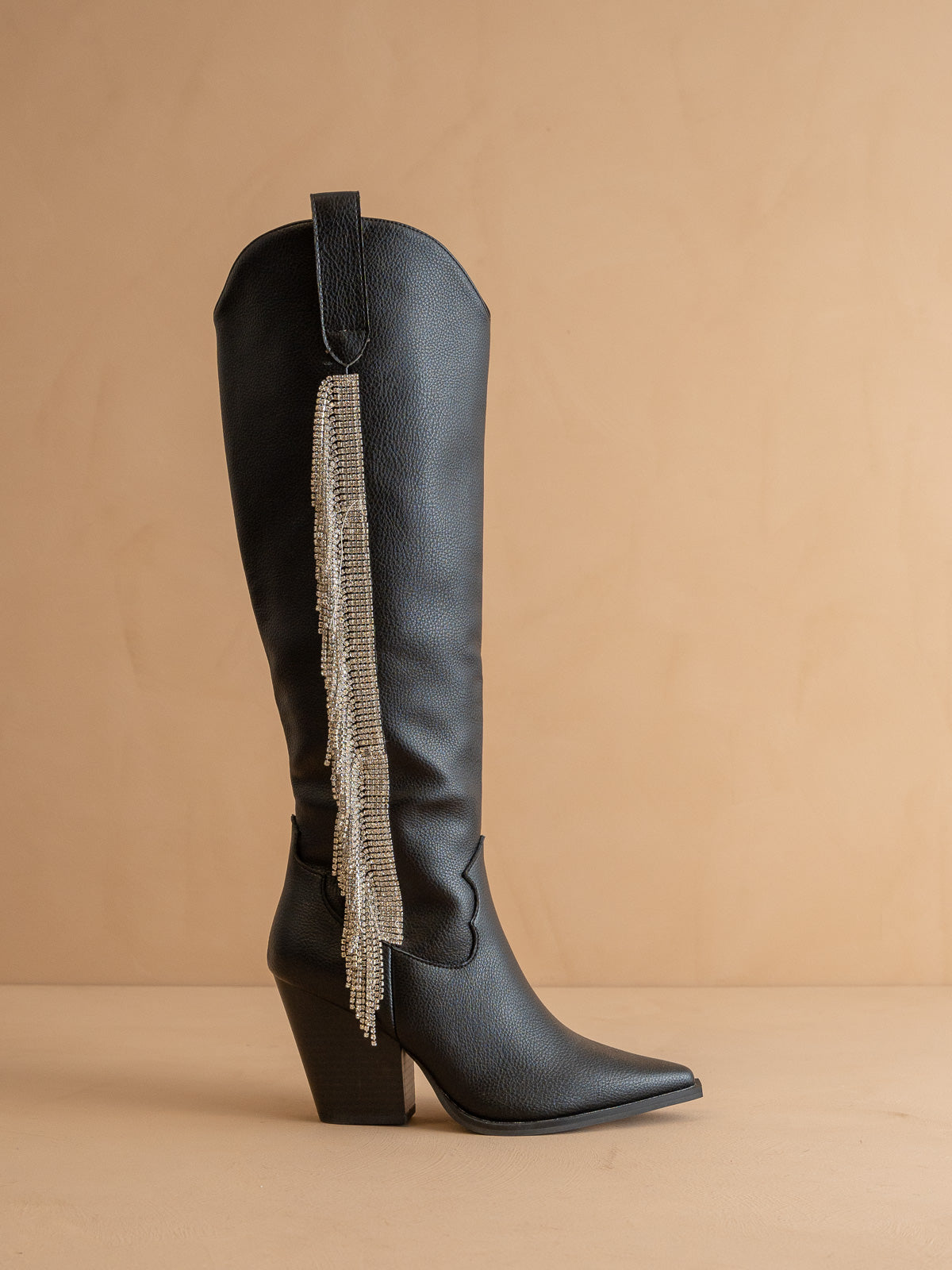 The Glasgow | Black Knee high boot with rhinestone fringe *final sale*