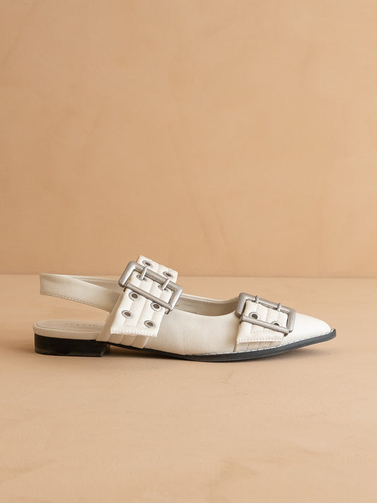 The Harlow | White Double Buckle Pointed Ballet Flat