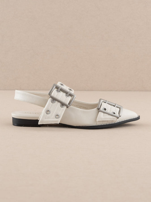 The Harlow | White Double Buckle Pointed Ballet Flat