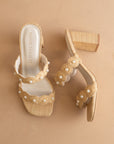 The Helena | Natural Raffia Resort Block Heel Sandal with Pearl Details