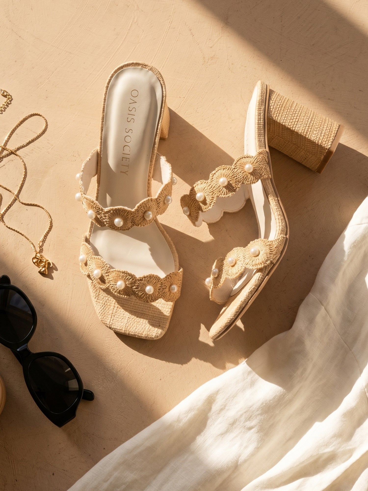 The Helena | Natural Raffia Resort Block Heel Sandal with Pearl Details