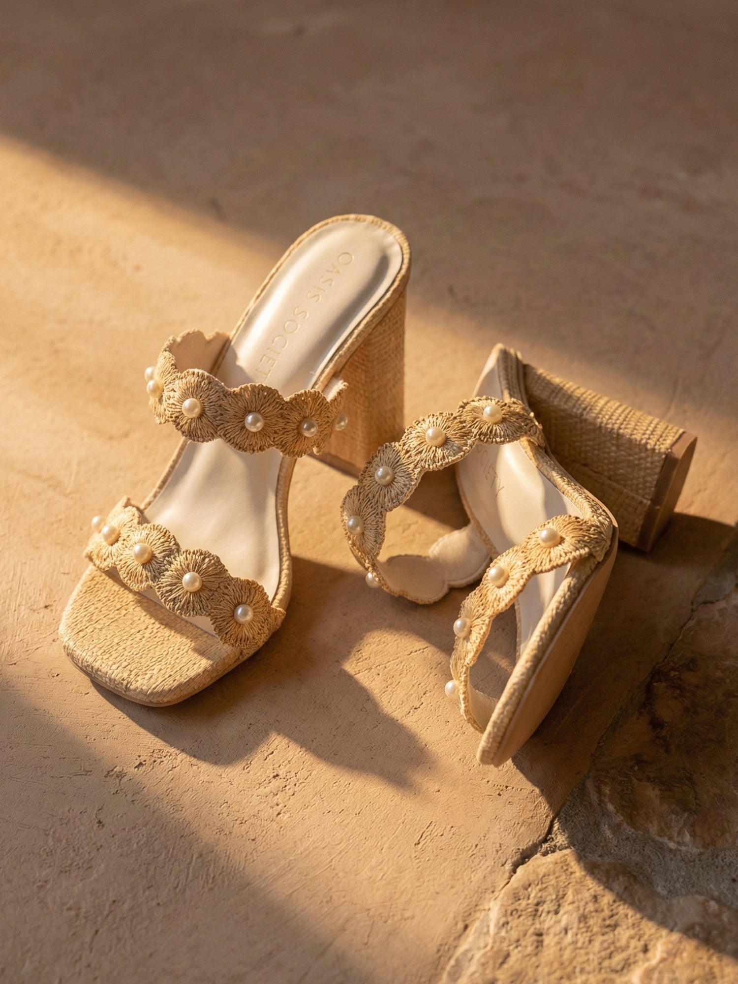 The Helena | Natural Raffia Resort Block Heel Sandal with Pearl Details