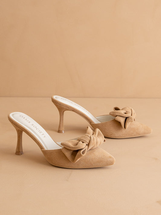 The Jane | Sand Pointed Toe Bow Accent Kitten Heel