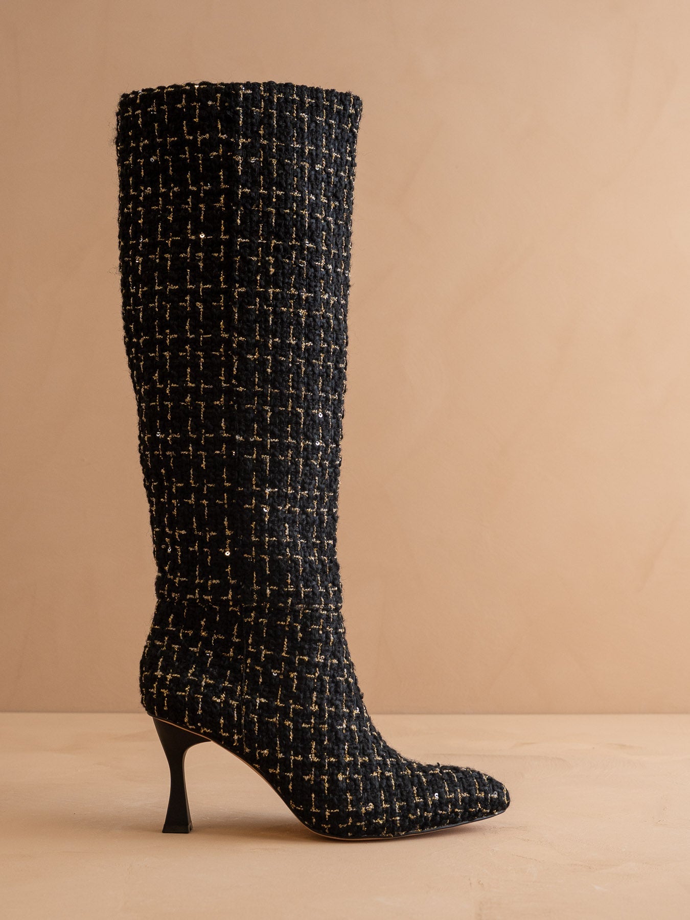 The Lexington | Black Tweed Sleek Pointed Toe Knee High Boot