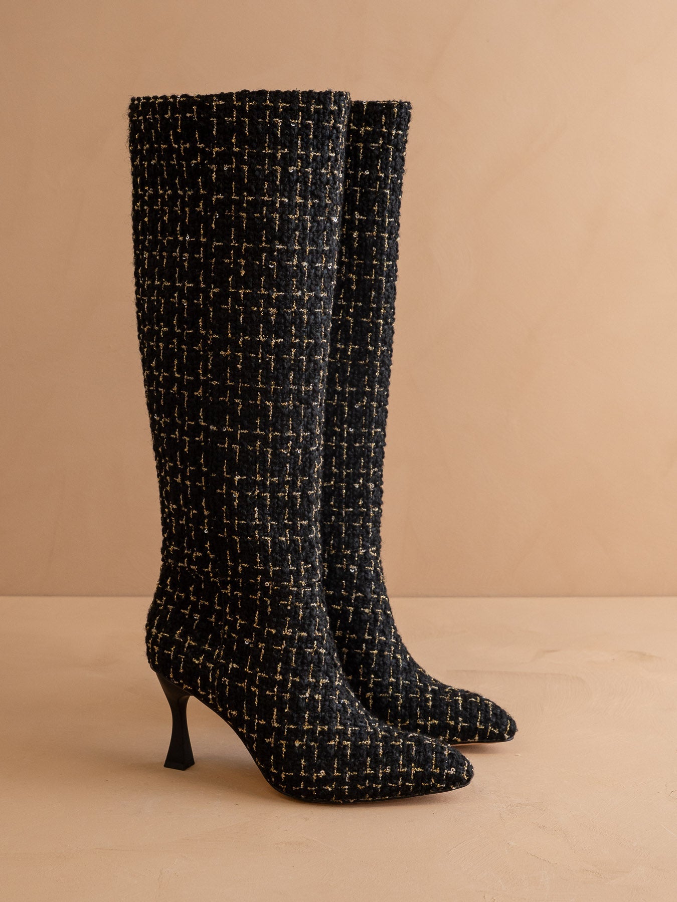 The Lexington | Black Tweed Sleek Pointed Toe Knee High Boot