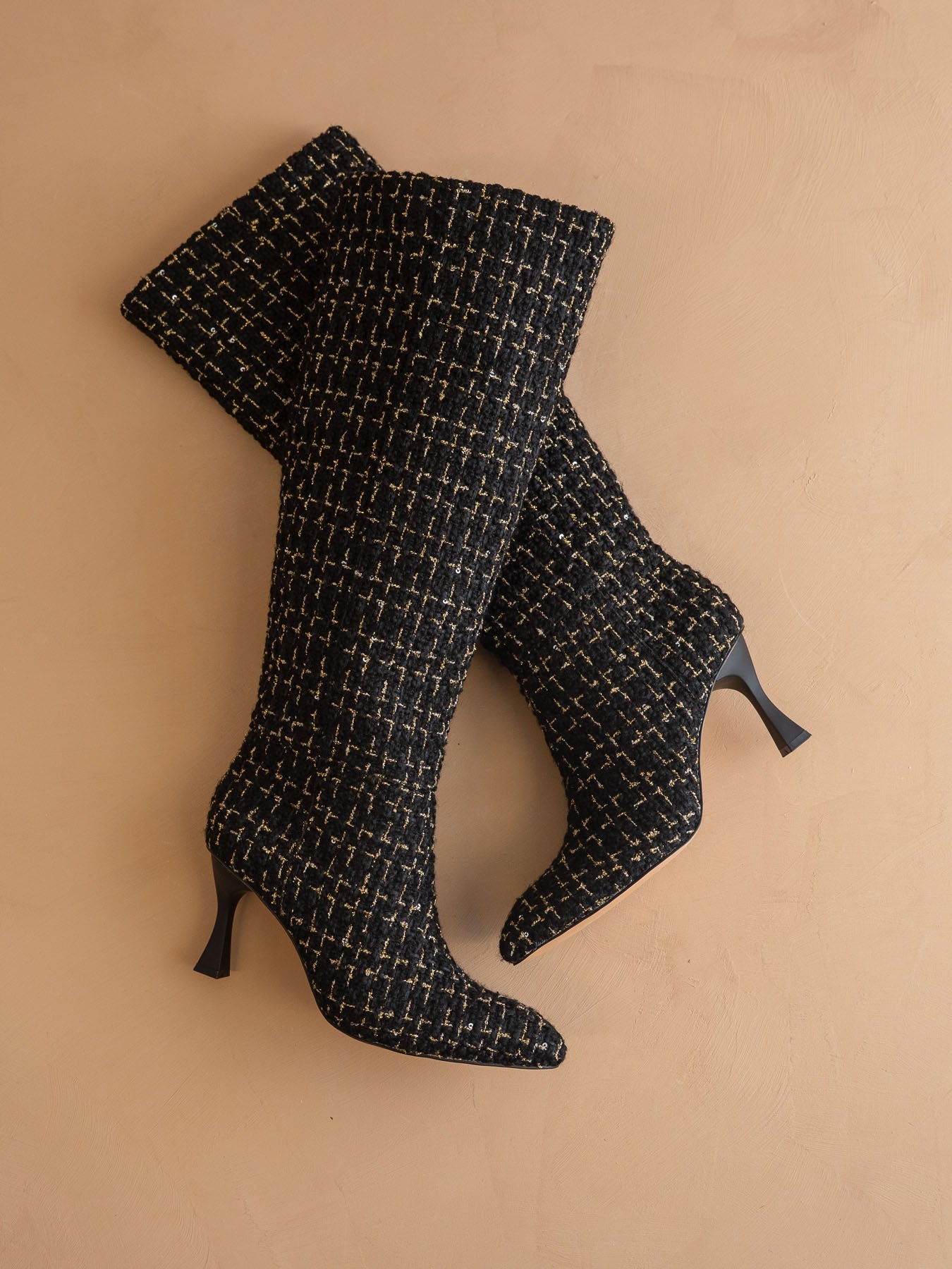 The Lexington | Black Tweed Sleek Pointed Toe Knee High Boot