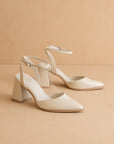 The Princess | White Pointed Toe Bridal Block Heel with Ankle Strap *FINAL SALE*