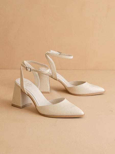 The Princess White Pointed Toe Bridal Block Heel with Ankle