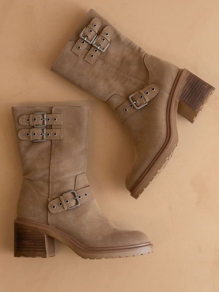 The Rider | Dark Taupe Mid-Calf Moto Boot – Oasis Society