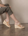 The Rae | Camel Embroidered Espadrille Wedges With Double Buckle Straps