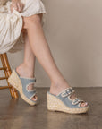 The Rae | Slate Blue Embroidered Espadrille Wedges With Double Buckle Straps