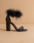 The Sasha | Black Feathered ankle block heel  *FINAL SALE*